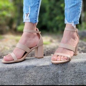 Womens Triple Straps Low Chunky Heels Sandals Nude Color